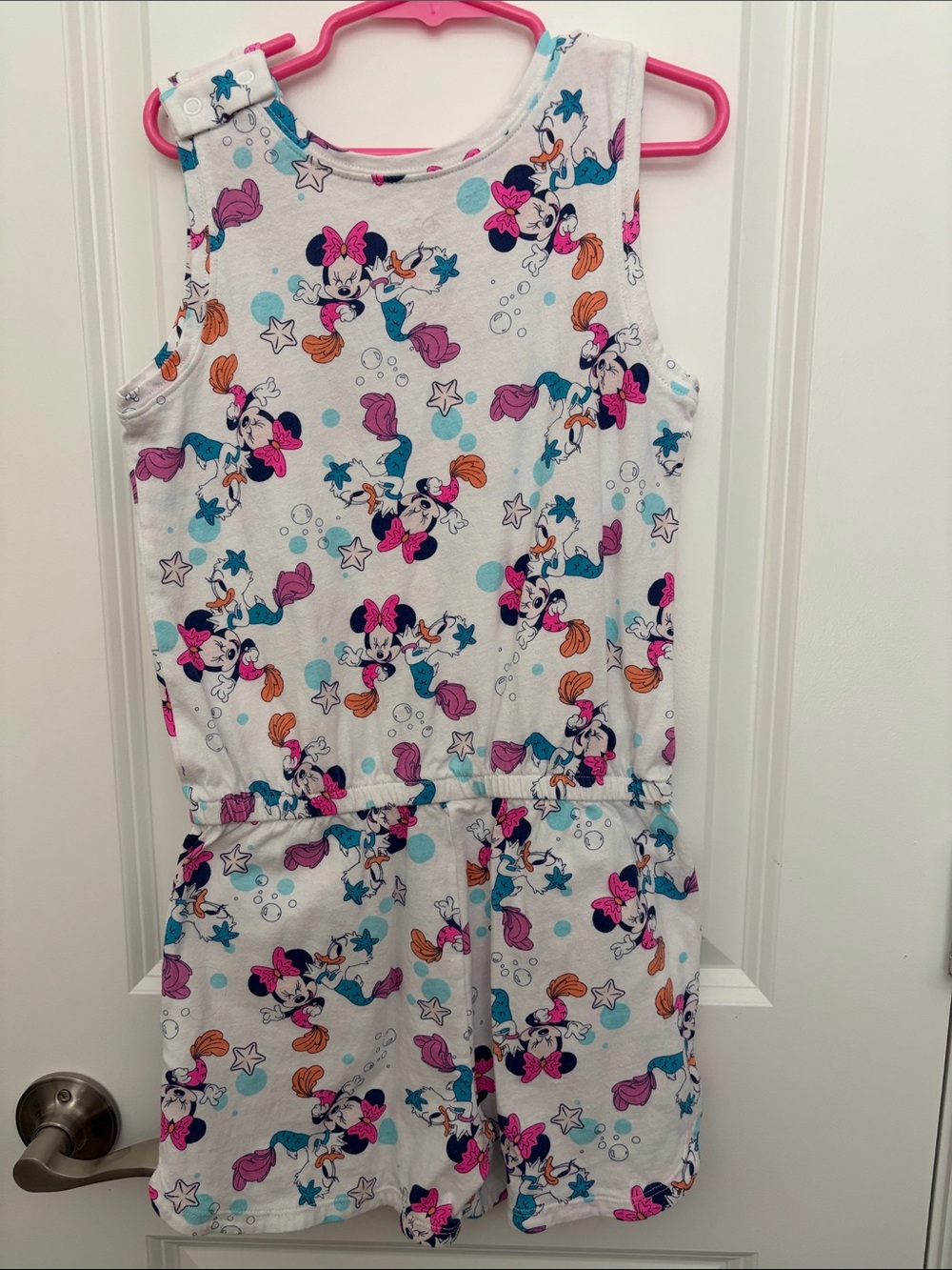 Disney White Minnie Mouse Sleeveless Pajama Romper with Pink & Teal Accents - Picture 3 of 3